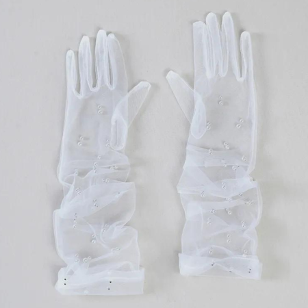 Прозрачни дълги бели булчински ръкавици с перли