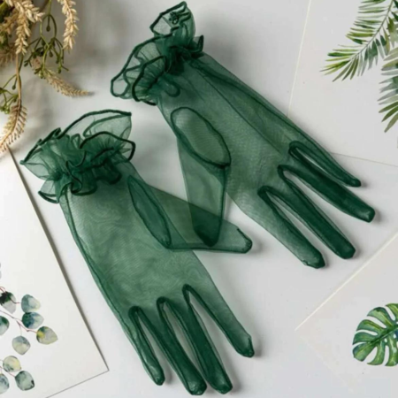 Официални Къси Ръкавици от Тъмно Зелен Тюл - Изискано Допълнение към Вашия Стил
