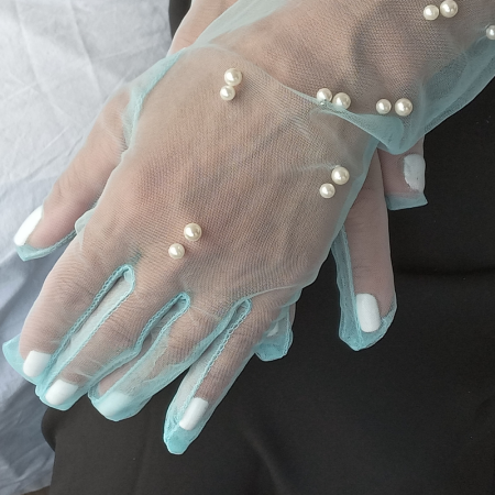 Elegant Long Light Blue Tulle Gloves with White Pearls – Sophisticated Style