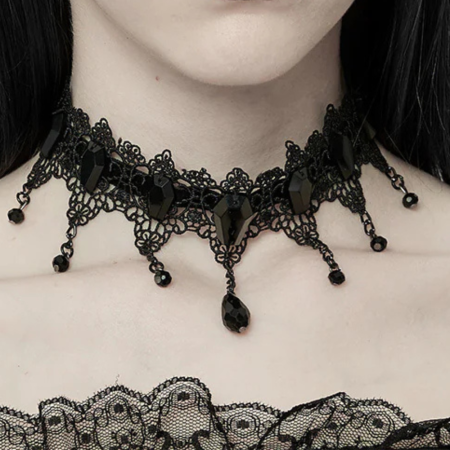 Women's Romantic Gothic Black Lace Choker with Coffin Gems & Beaded Chains