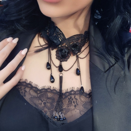 Elegant Black Lace Necklace with Satin Roses and Teardrop Beads by Punk Rave