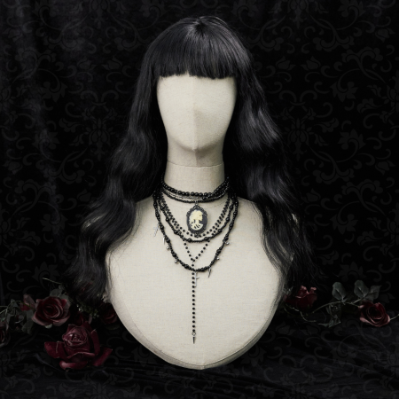 Gothic 3-Piece Necklace Set – Black Beads, Cameo Pendant, Crosses, and Spikes