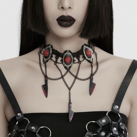 Elegant Black Lace Gothic Necklace with Chains and Bloody Knives