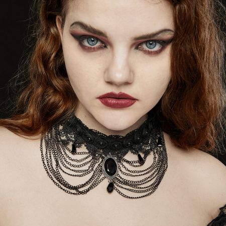 Gothic Black Lace Choker with Beads and Draping Chains