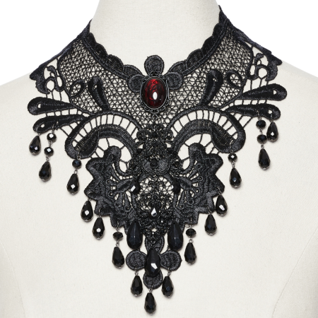 Baroque Black Lace Choker with Red Gem and Teardrop Beads