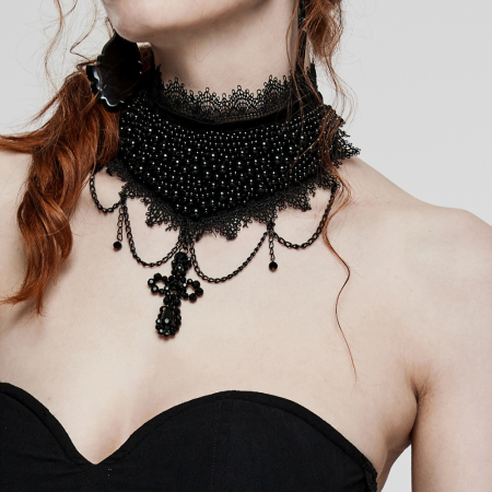 Luxury Black Lace Necklace with Beads, Chains & Gothic Cross – PUNK RAVE Jewelry