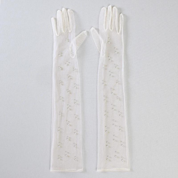 Long Beige Tulle Gloves with Pearls by KORSET BG