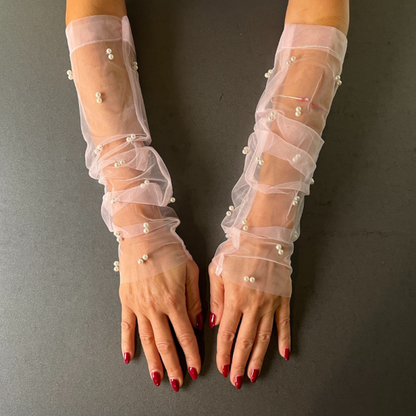 Long Women's Pink Tulle Gloves with White Pearls