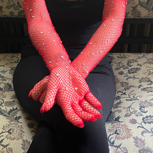 Red mesh gloves with crystals.