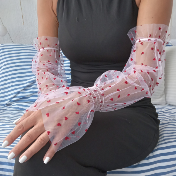 Elegant Pink Tulle Sleeves with Red Hearts – Delicate Fingerless Gloves