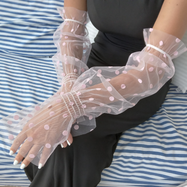 Stylish Tulle Fingerless Sleeves with Pink Plush Dots – 50 cm Long Gloves