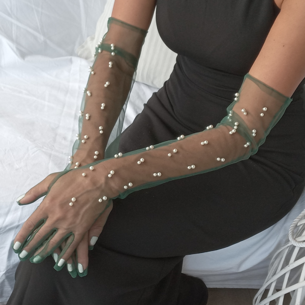 Long Dark Green Tulle Gloves with White Pearls – Sophisticated and Chic