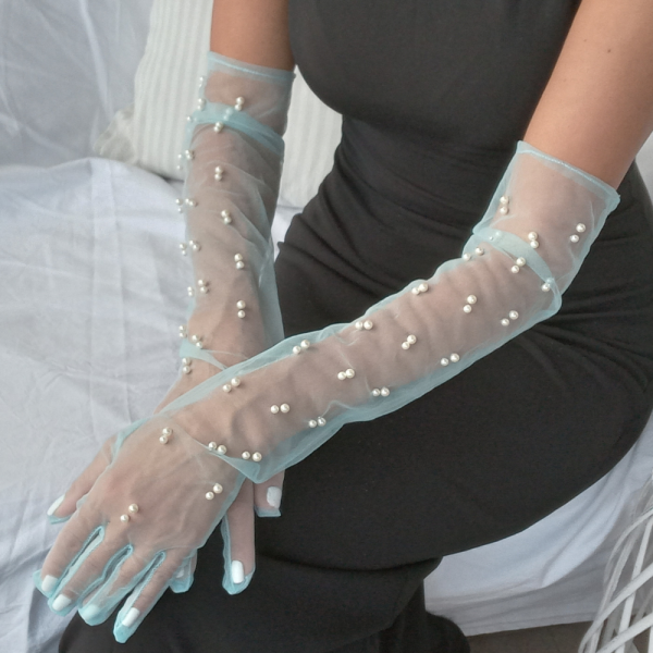 Elegant Long Light Blue Tulle Gloves with White Pearls – Sophisticated Style