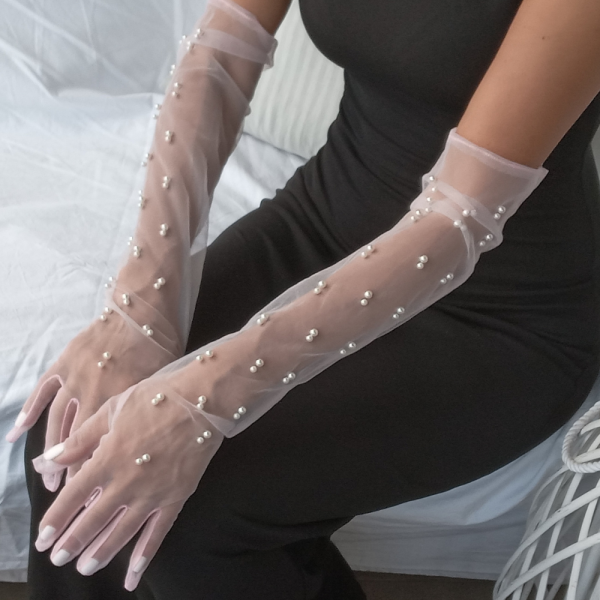 Elegant Long Pale Pink Sheer Gloves with White Pearls – Timeless Sophistication