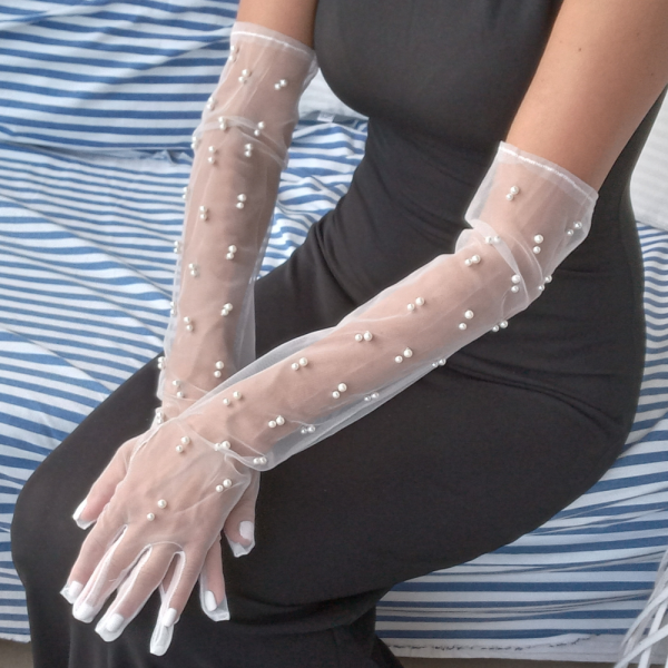 Sheer Long White Bridal Gloves with Pearls by KORSET BG