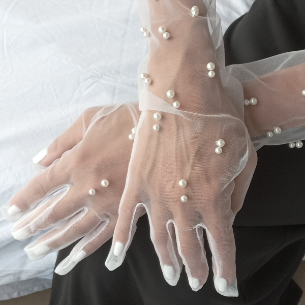 Sheer Long White Bridal Gloves with Pearls by KORSET BG