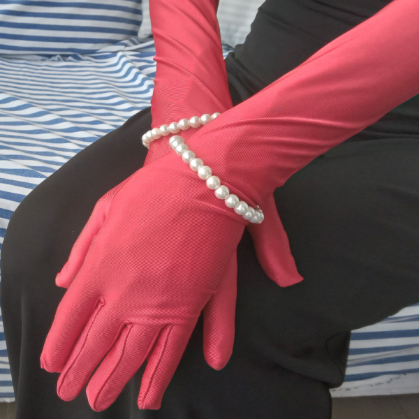 Elegant Set of Long Red Lycra Gloves and Pearl Bracelets