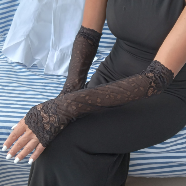 Long Fingerless Black Lace Gloves with Floral Pattern