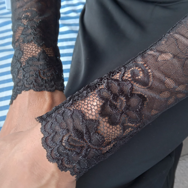 Long Fingerless Black Lace Gloves with Floral Pattern