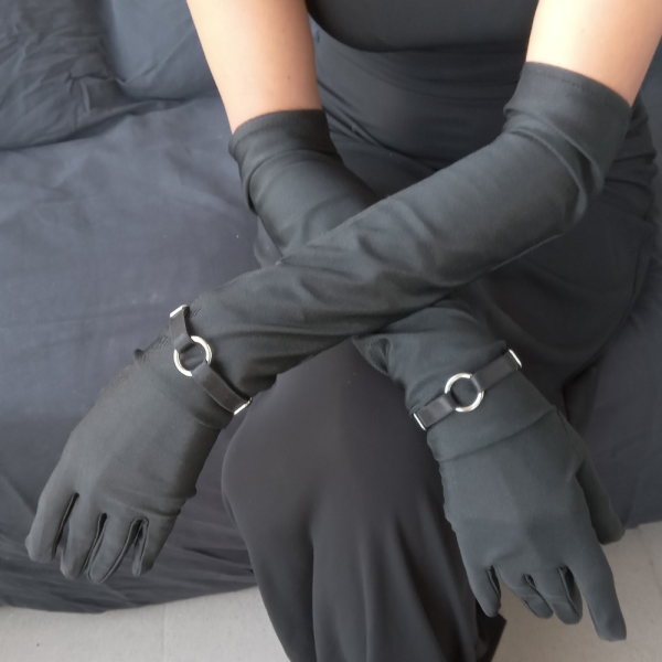 Long Black Lycra Gloves with Satin Bracelets – Elegance for Any Occasion