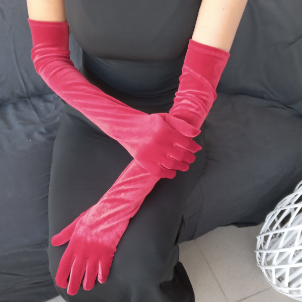 Long Formal Red Plush Opera Gloves