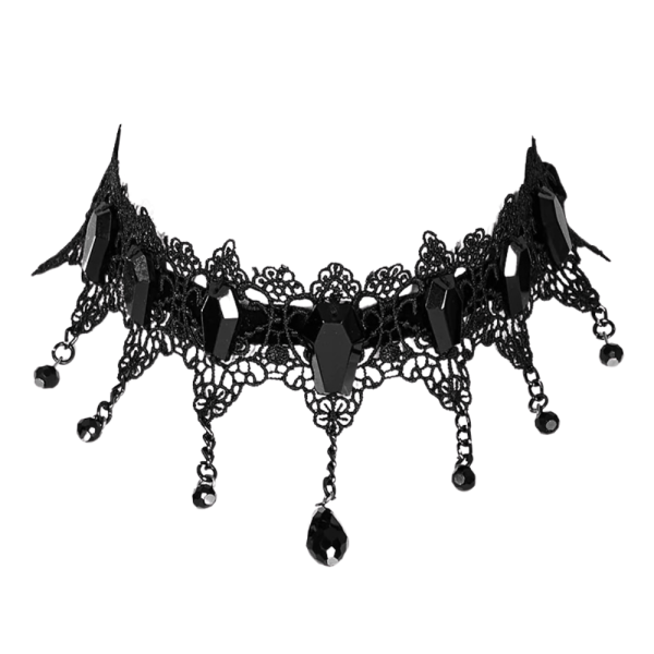 Women's Romantic Gothic Black Lace Choker with Coffin Gems & Beaded Chains