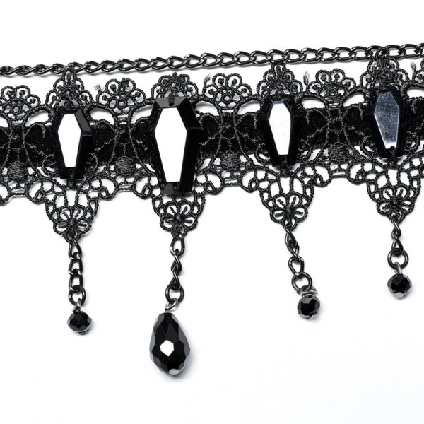 Women's Romantic Gothic Black Lace Choker with Coffin Gems & Beaded Chains