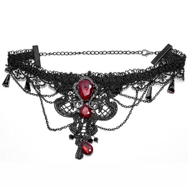 Victorian Gothic Black Lace Choker with Red Crystals & Black Pendants