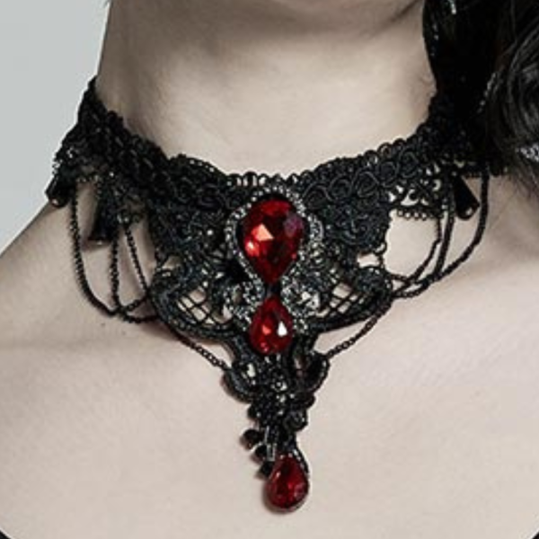 Victorian Gothic Black Lace Choker with Red Crystals & Black Pendants