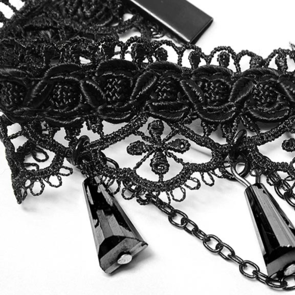 Victorian Gothic Black Lace Choker with Red Crystals & Black Pendants