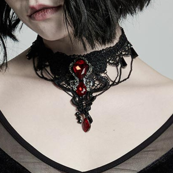 Victorian Gothic Black Lace Choker with Red Crystals & Black Pendants