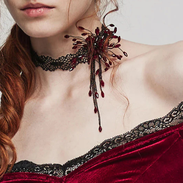 Women's Gothic Lace Choker with Red Beaded Flower & Adjustable Clasp