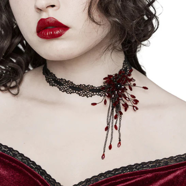 Women's Gothic Lace Choker with Red Beaded Flower & Adjustable Clasp