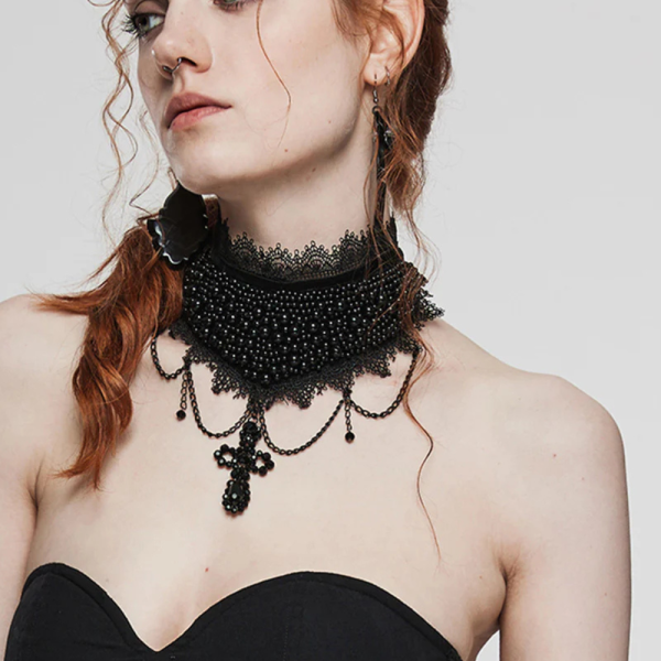 Women's Romantic Gothic Black Lace Choker with Coffin Gems & Beaded Chains