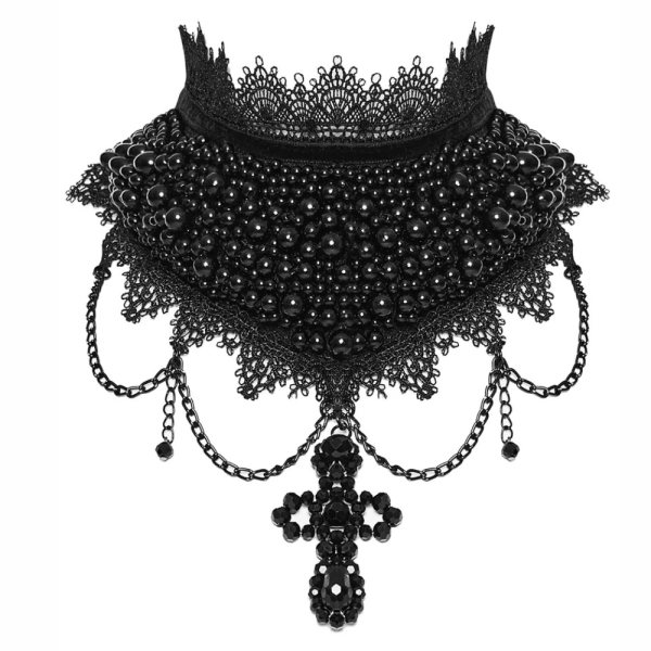 Women's Romantic Gothic Black Lace Choker with Coffin Gems & Beaded Chains