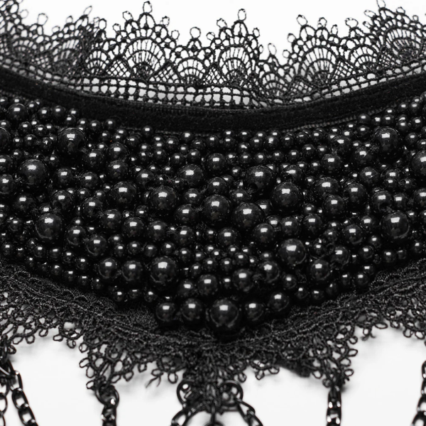 Women's Romantic Gothic Black Lace Choker with Coffin Gems & Beaded Chains