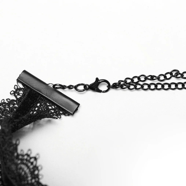 Women's Romantic Gothic Black Lace Choker with Coffin Gems & Beaded Chains