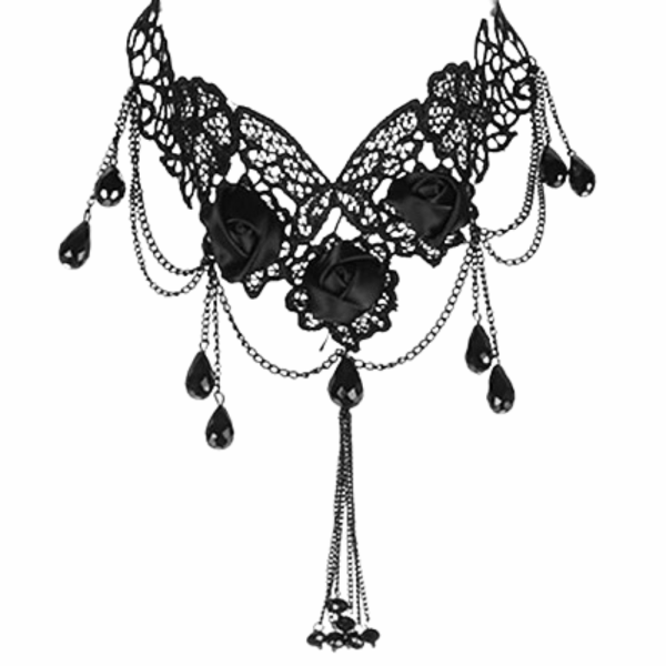 Elegant Black Lace Necklace with Satin Roses and Teardrop Beads by Punk Rave