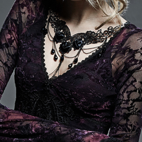 Elegant Black Lace Necklace with Satin Roses and Teardrop Beads by Punk Rave