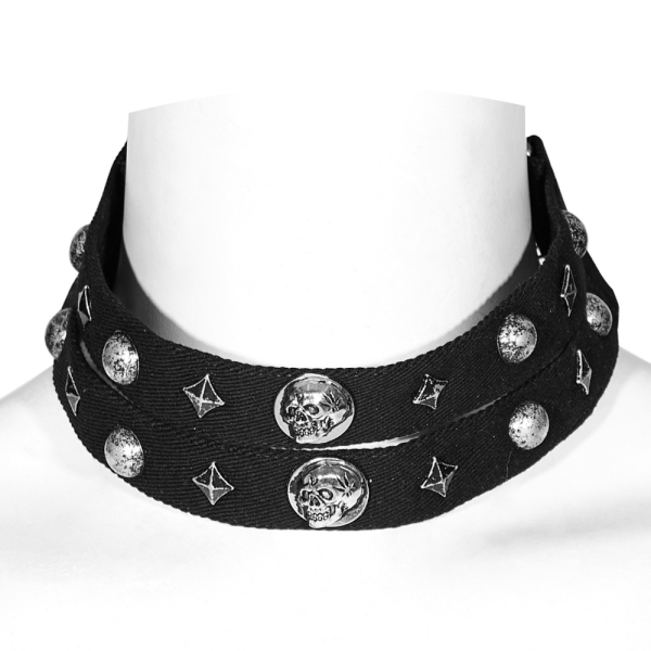 Pair of Black Denim Chokers with Studs and Skull Accent