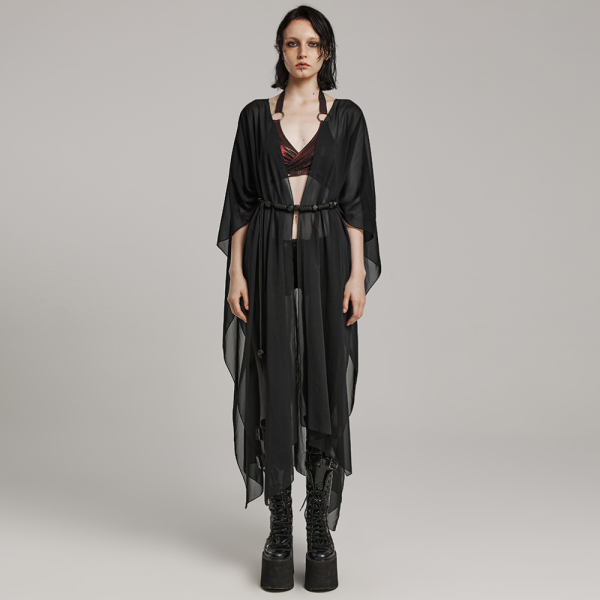 Long Black Chiffon Wrap with Rope Belt and Beads