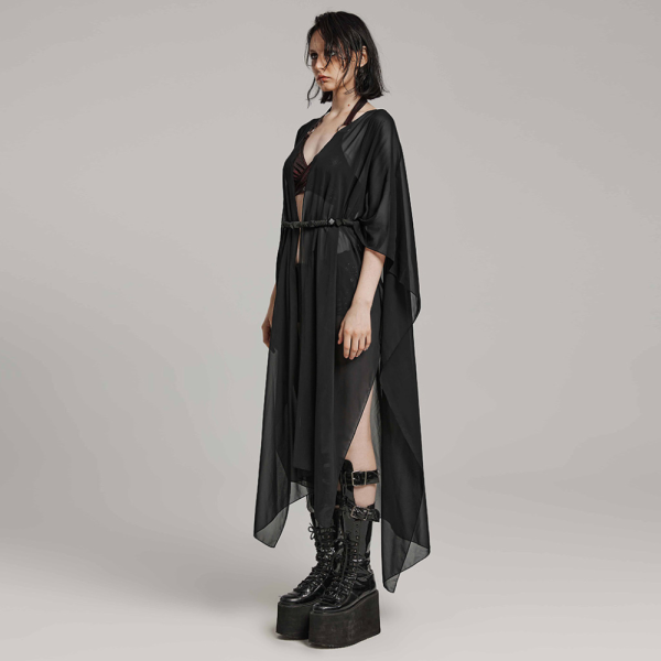 Long Black Chiffon Wrap with Rope Belt and Beads