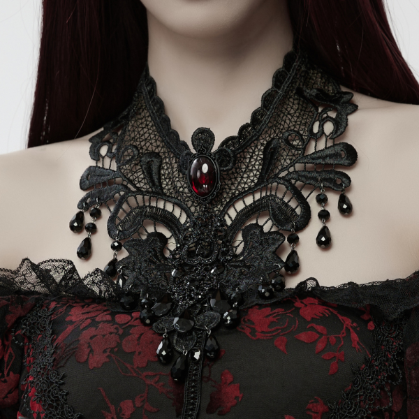 Baroque Black Lace Choker with Red Gem and Teardrop Beads