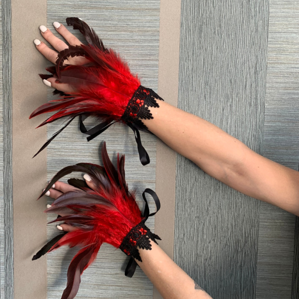 Red & Black Feather Bracelet Cuffs: Event Elegance