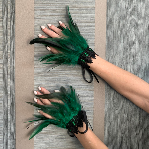 Green Feather Wrist Cuffs - Elegant Arm Adornments