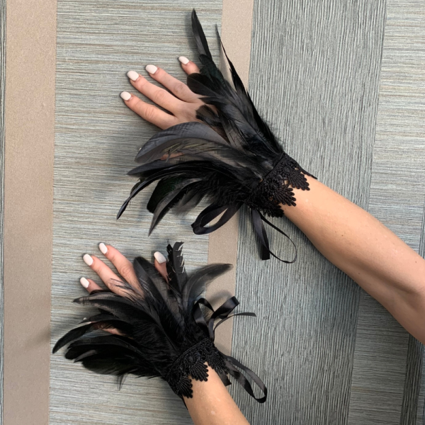 Black Feather & Lace Wrist Cuffs