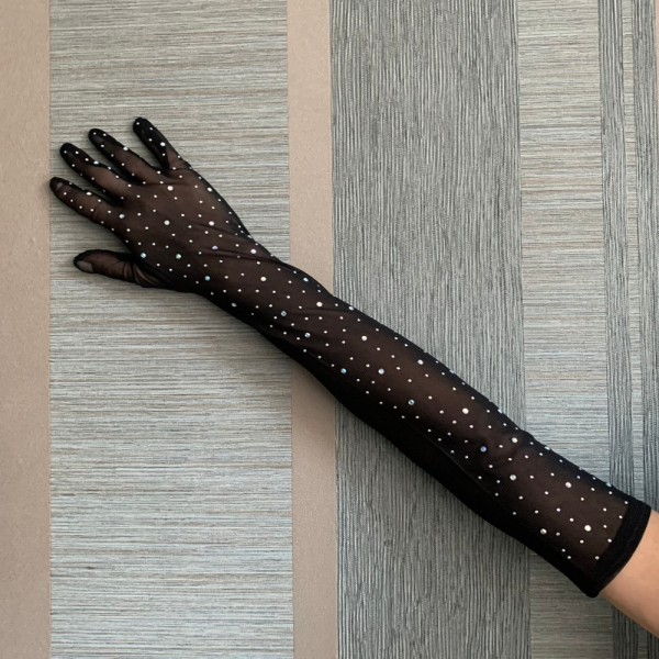 Crystal Tulle Long Black Gloves