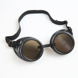 steampunk goggles on head