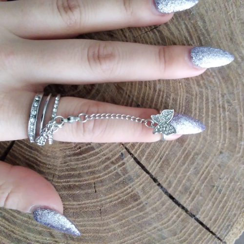Двоен пръстен с кристали и пеперуда
