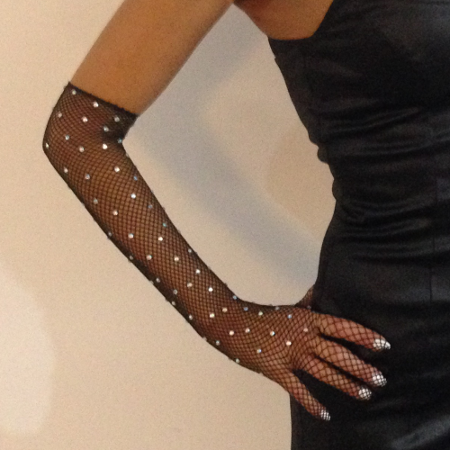 Long black mesh gloves with crystals